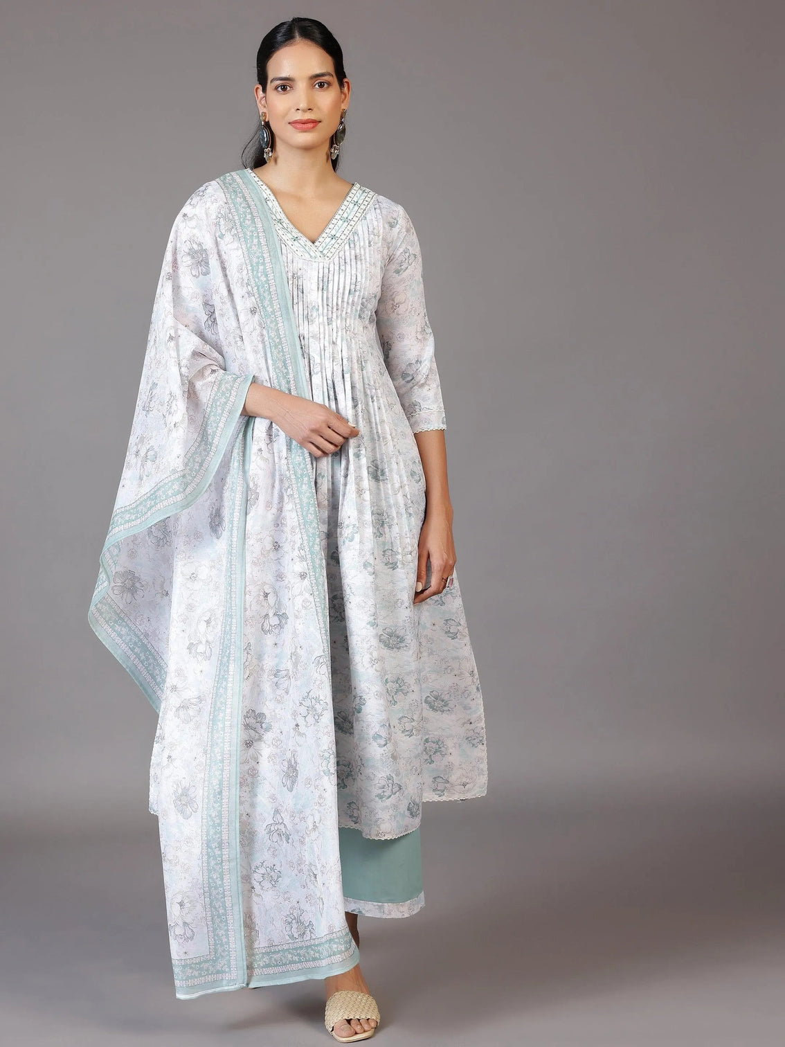 Mameraa Off White Printed Cotton Blend A-Line Kurta With Palazzos & Dupatta