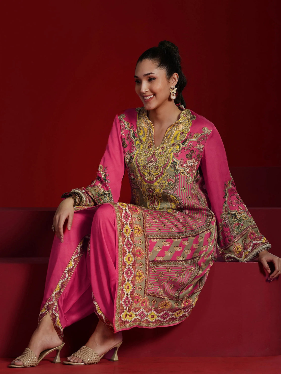 Mameraa Art Coral Printed Silk Blend Straight Kurta Dhoti Pants