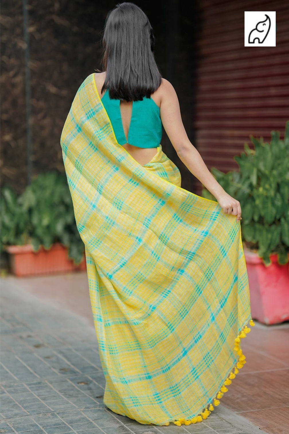 Sunshine yellow aqua blue checkered mul cotton saree with tasselled pallu includes blouse piece shree mall