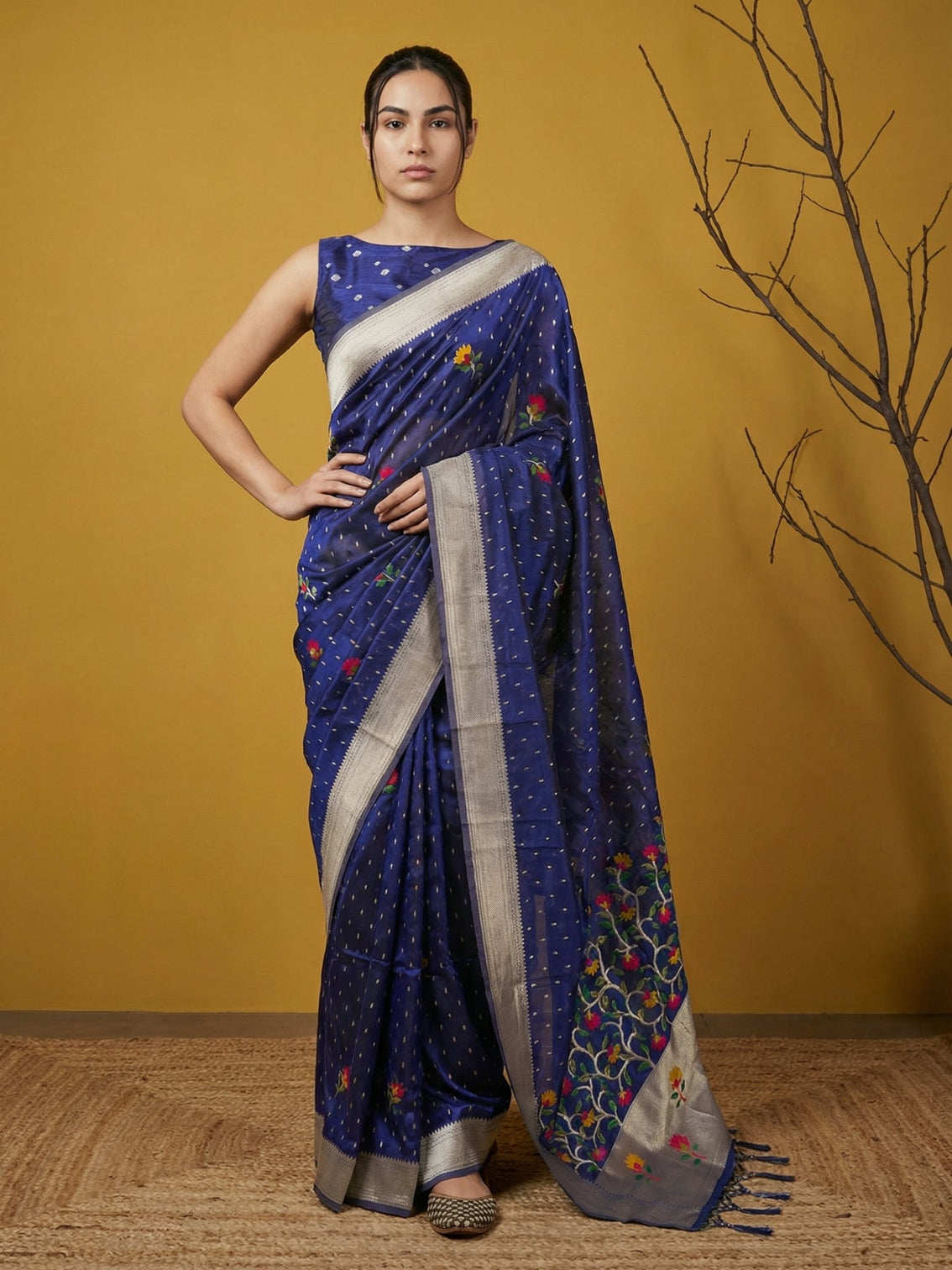 Royal blue soft organza saree with meenakari weaving jamdani pallu