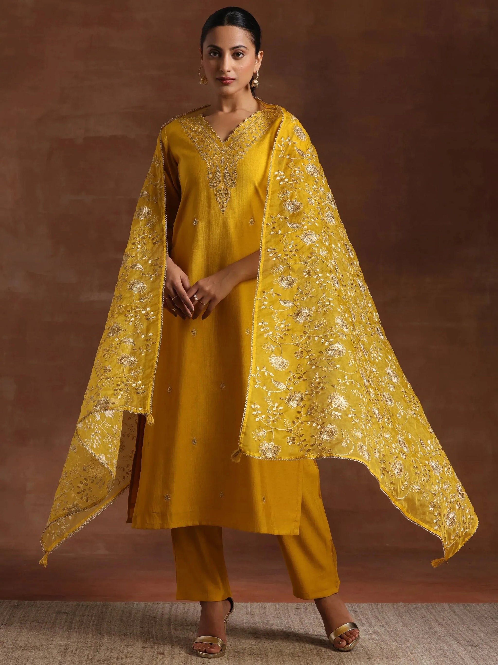 Libas Mustard Embroidered Silk Blend Straight Suit With Dupatta