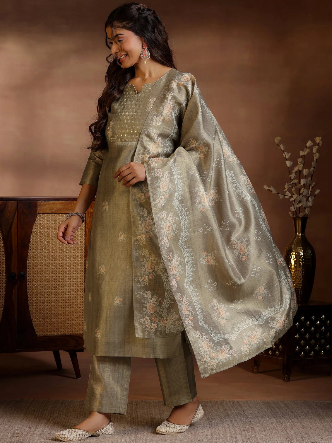 Mameraa Brown Printed Silk Straight Suit With Dupatta