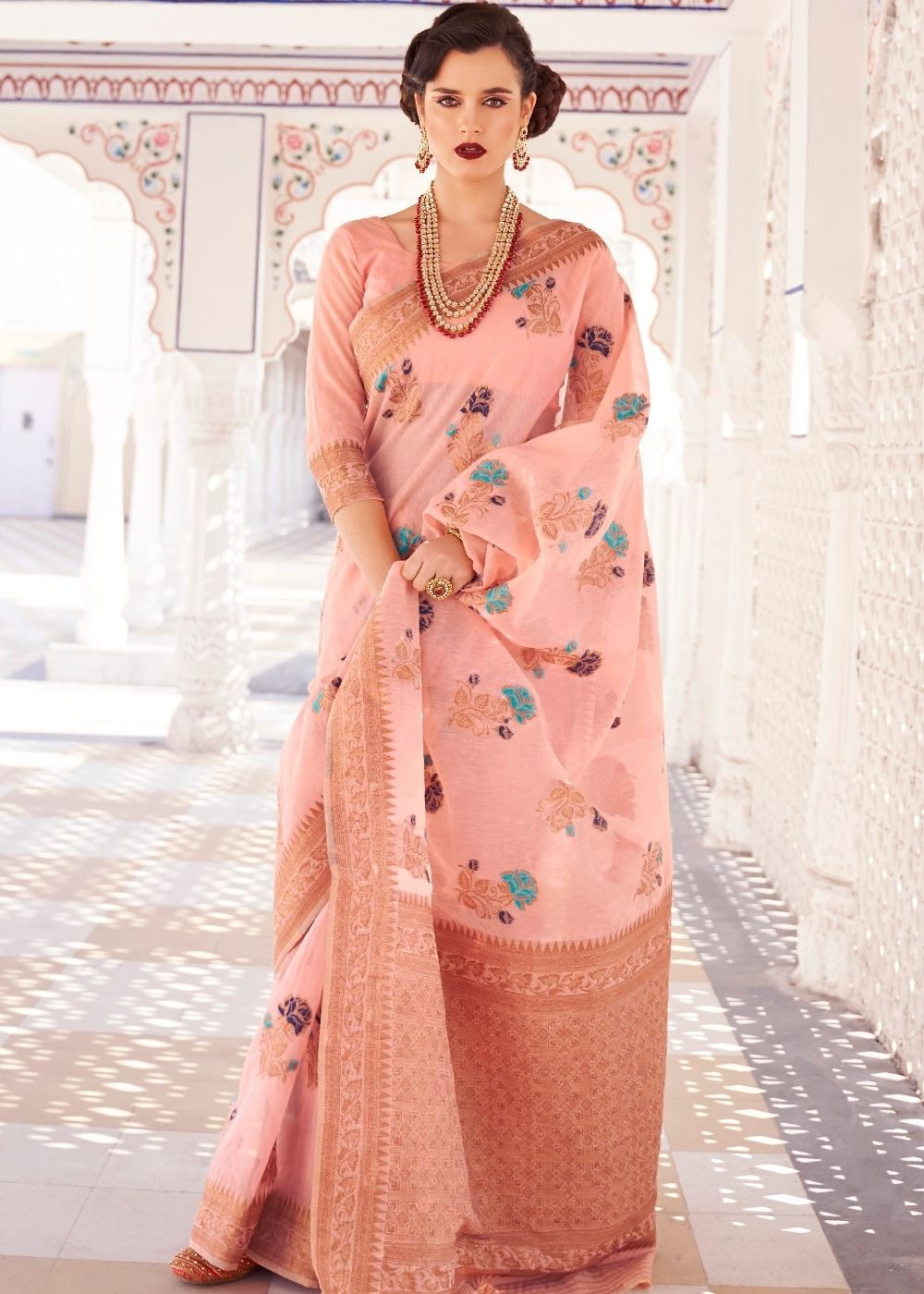 Salmon Pink Linen Woven Silk Saree with Zari work on Border and Pallu