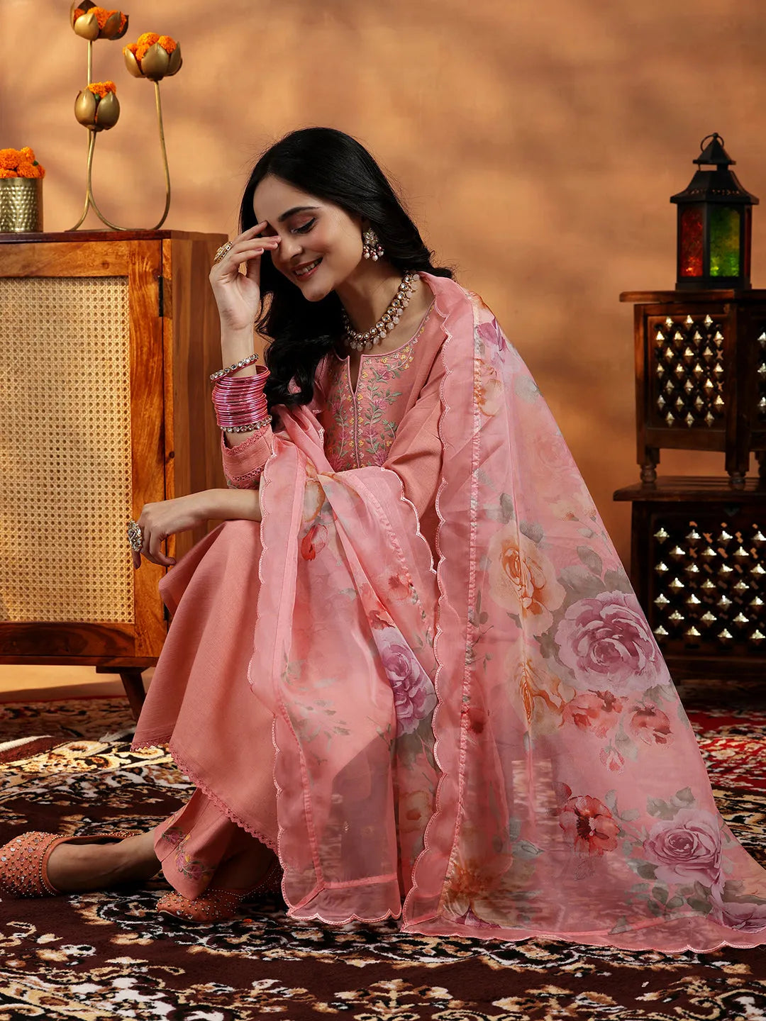 Mameraa Peach Yoke Design Silk Blend Straight Suit With Dupatta