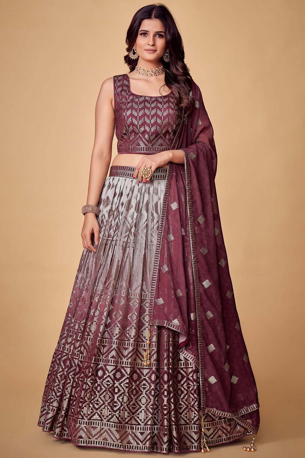 Purple Sequins Work Georgette Wedding Wear Lehenga Choli