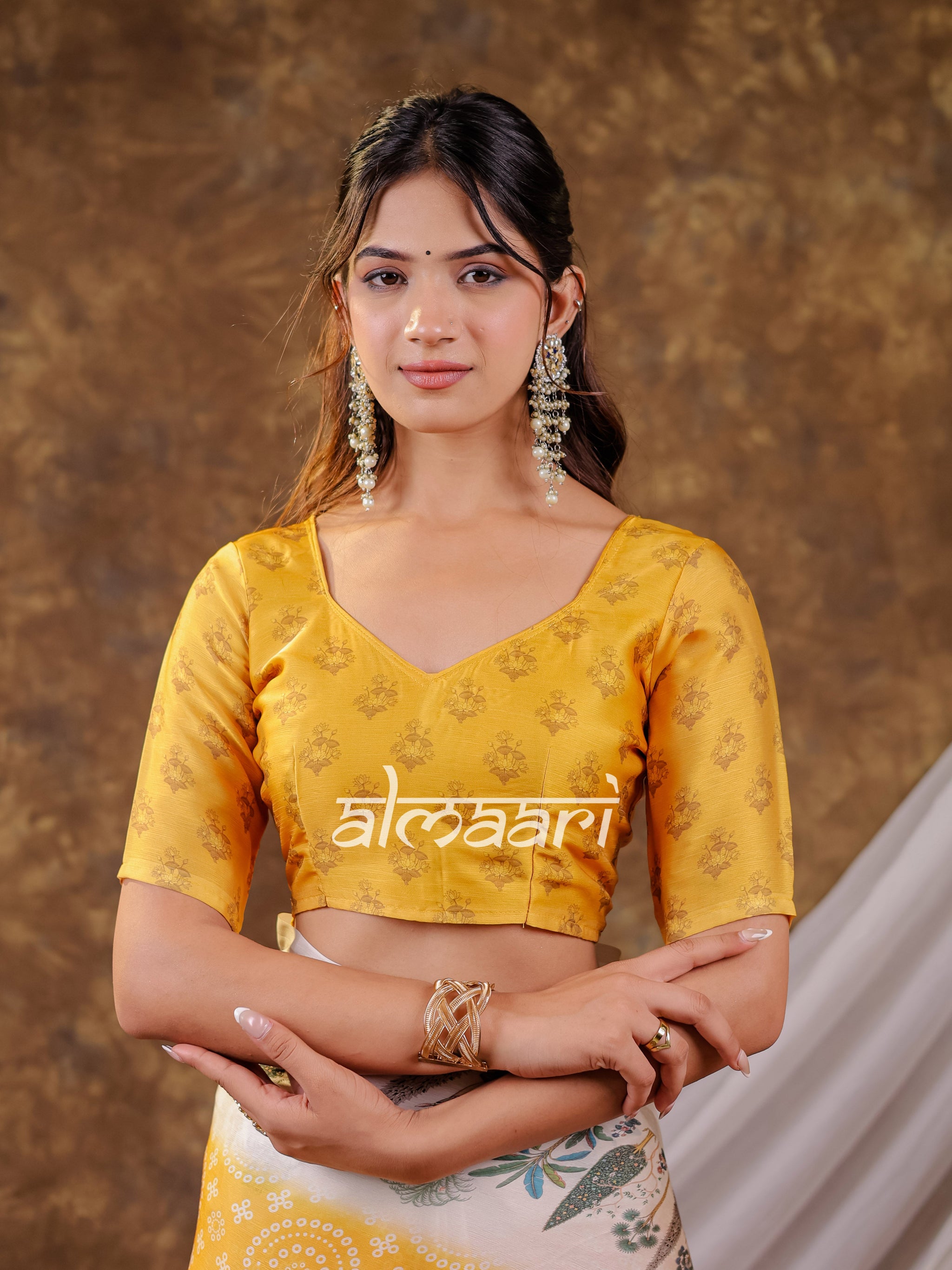 Vantara Mustard Yellow Satin Chiffon Printed Saree with Botanical Nature Print, Designer Tassel Pallu & Matching Blouse Piece
