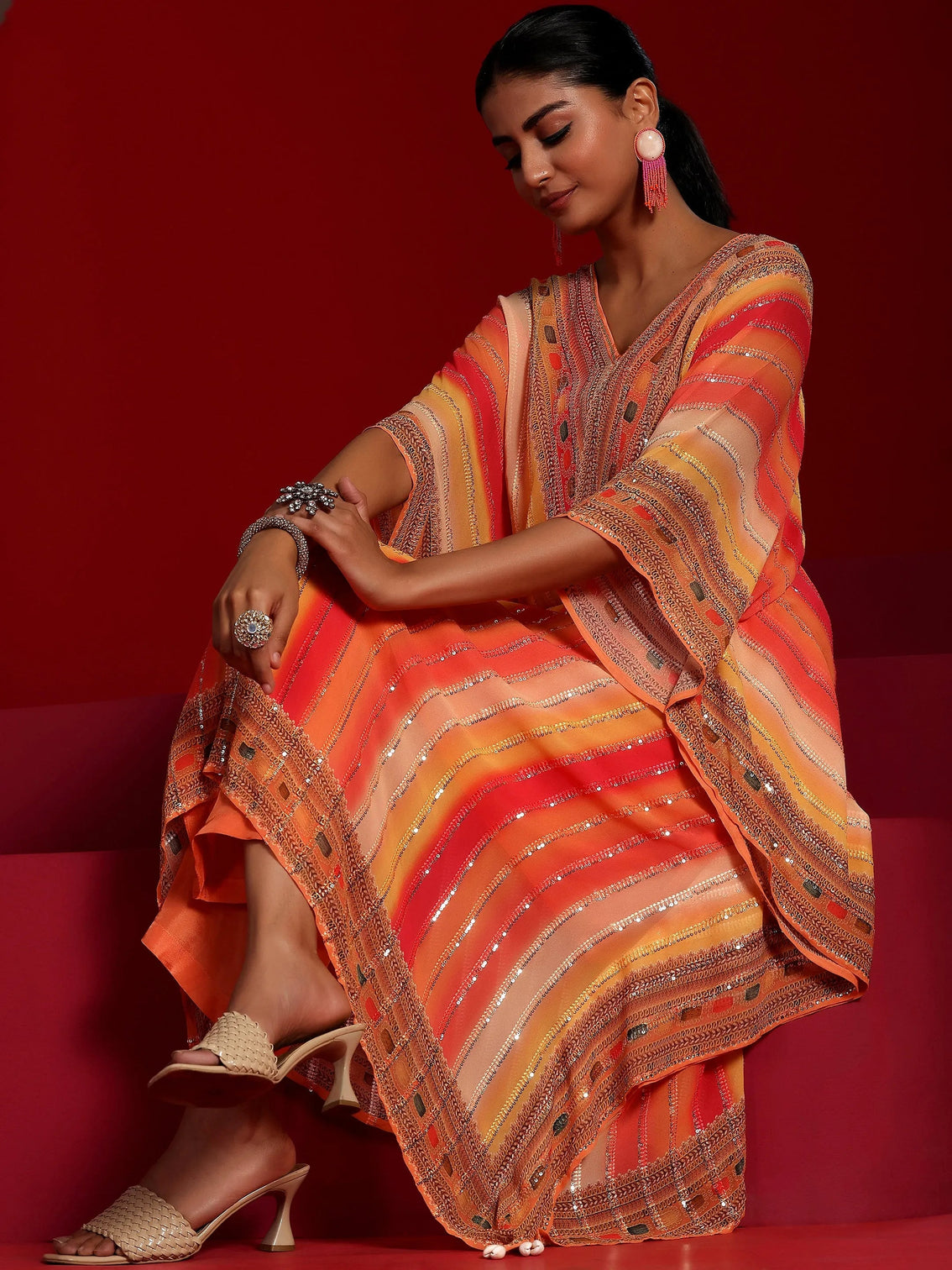 Mameraa Art Orange Printed Poly Georgette 3 Piece Co-Ords