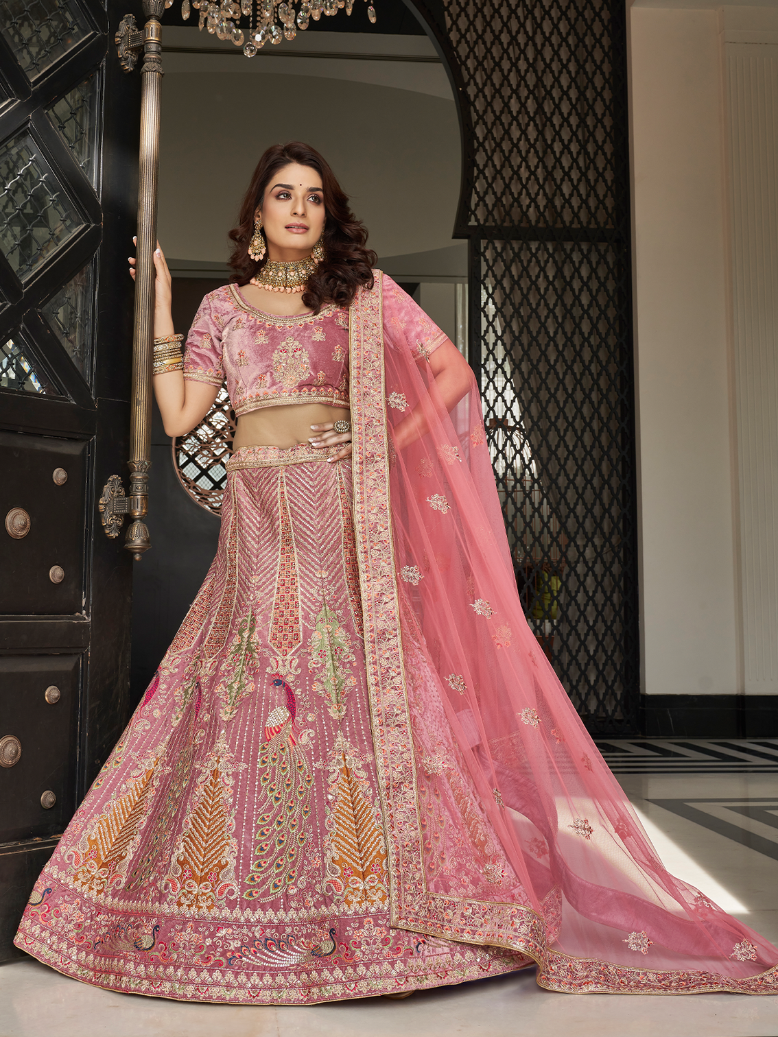 Lilac Velvet Semi Stitched Lehenga With Unstitched Blouse
