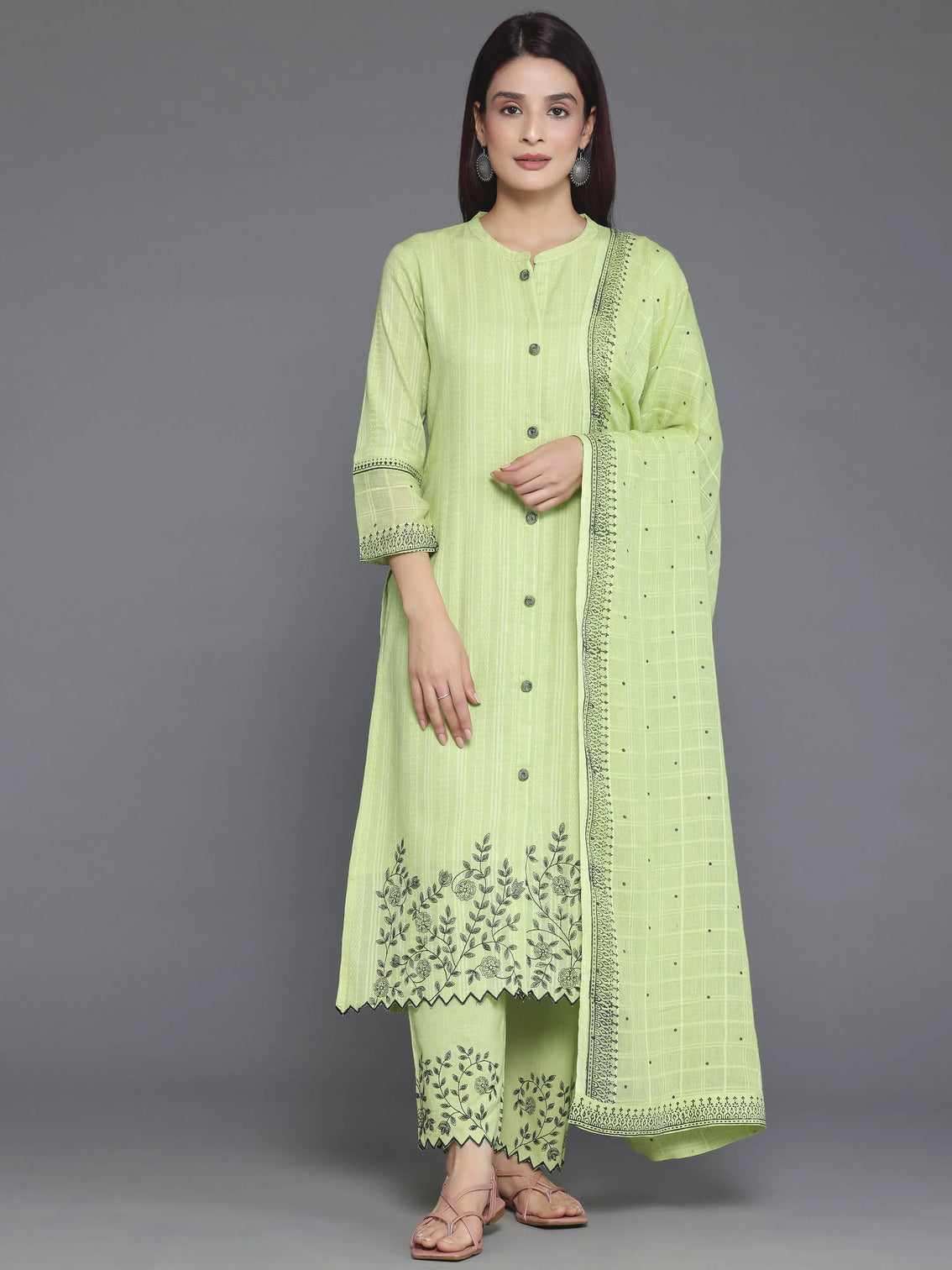 Mameraa Green Woven Design Cotton Straight Suit With Dupatta - Mameraa