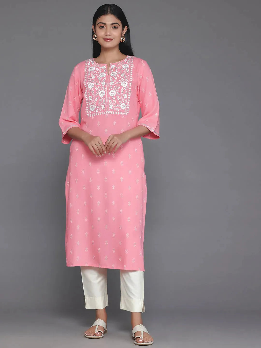 Libas Pink Yoke Design Rayon Straight Kurta