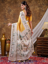Vantara Mustard Yellow Satin Chiffon Printed Saree with Botanical Nature Print, Designer Tassel Pallu & Matching Blouse Piece