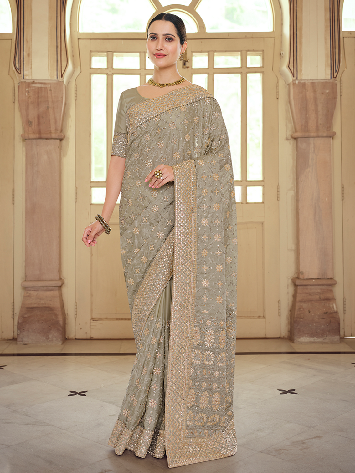 Grey Satin Georgette Saree With Unstitched Blouse