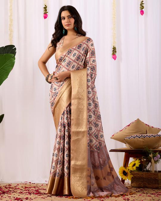 Premium Soft Silk Geometric Printed Saree with Rich Gold Zari Woven Border