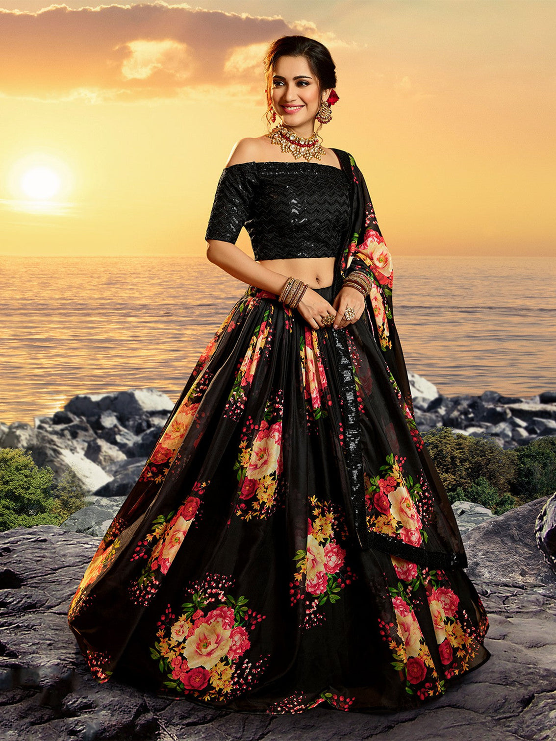 Black Classy Semi Stitched Lehenga With Unstitched Blouse