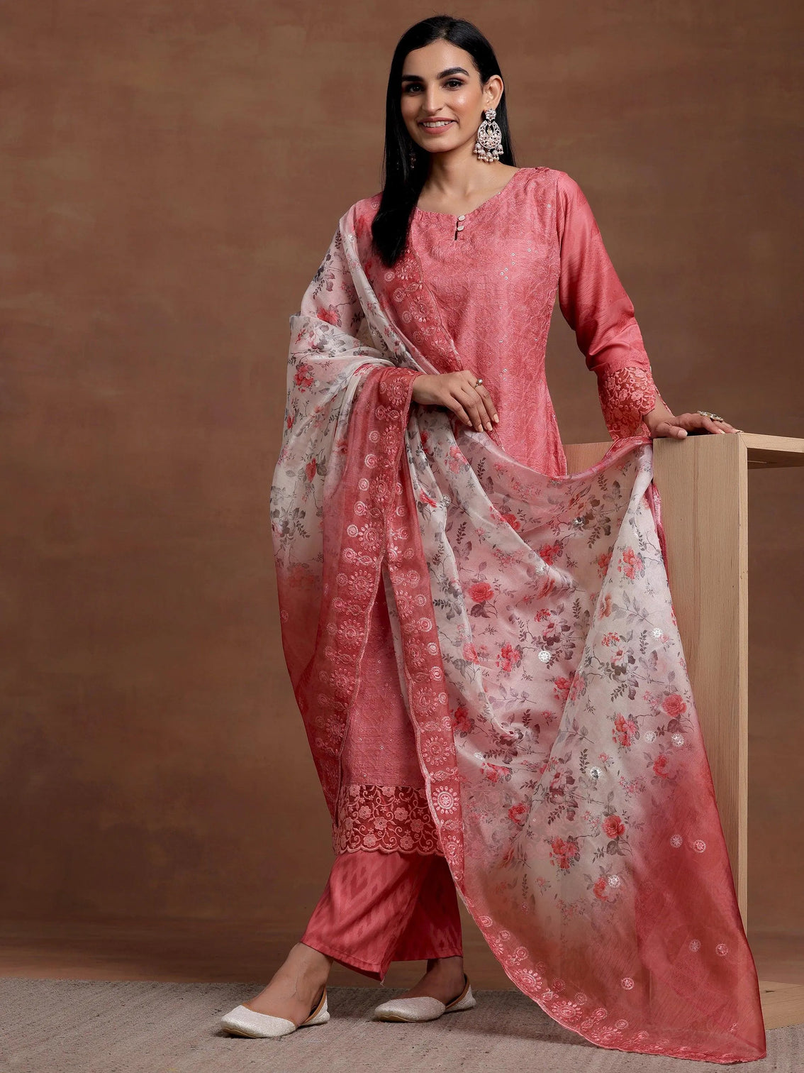 Mameraa Peach Embroidered Silk Blend Straight Suit With Dupatta