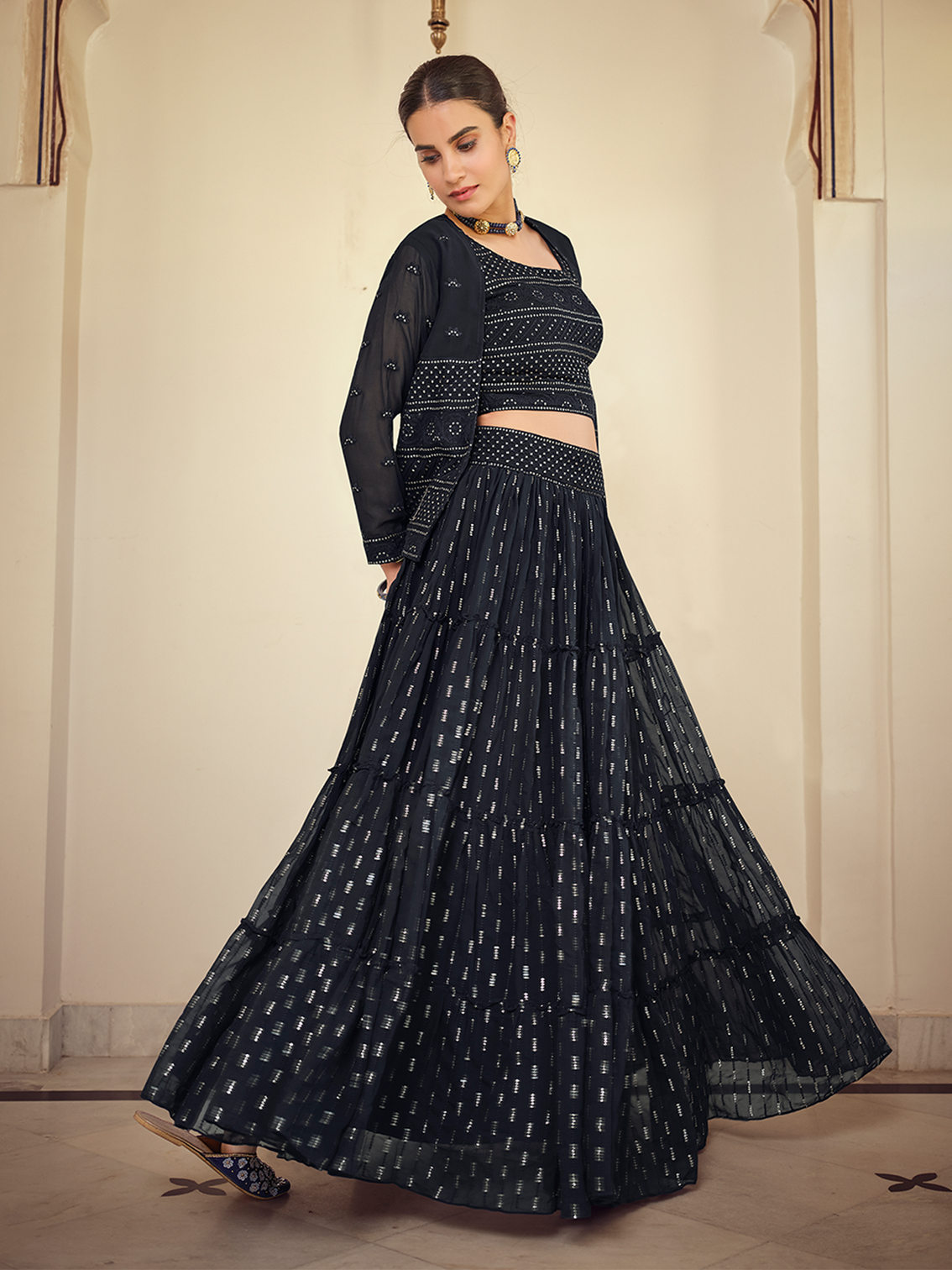 Dark Blue Embroidered Georgette Semi Stitched Lehenga With Unstitched Blouse