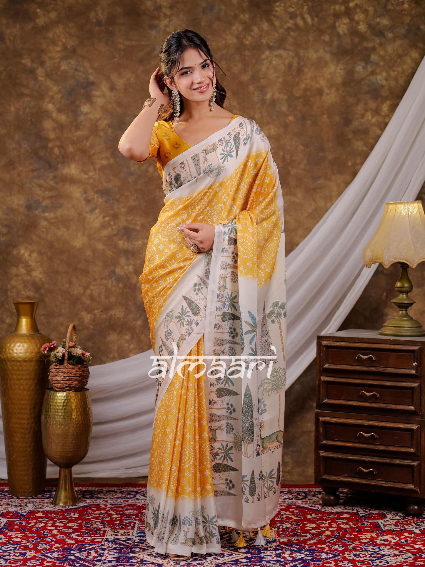 Vantara Mustard Yellow Satin Chiffon Printed Saree with Botanical Nature Print, Designer Tassel Pallu & Matching Blouse Piece