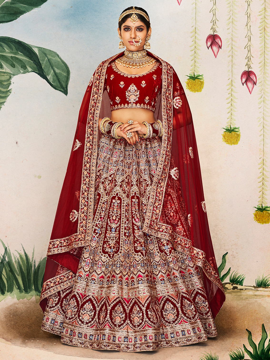 Maroon Velvet Semi Stitched Lehenga With Unstitched Blouse