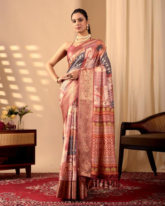 Premium Soft Silk Abstract Printed Saree with Rich Rose Gold Zari Woven Border