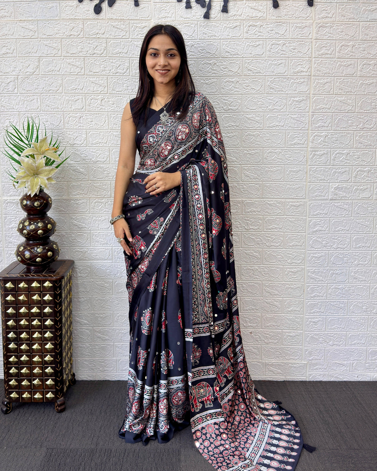 Black modal silk saree with elephant motif ajrakh print heritage designer pallu traditional festive wear saree