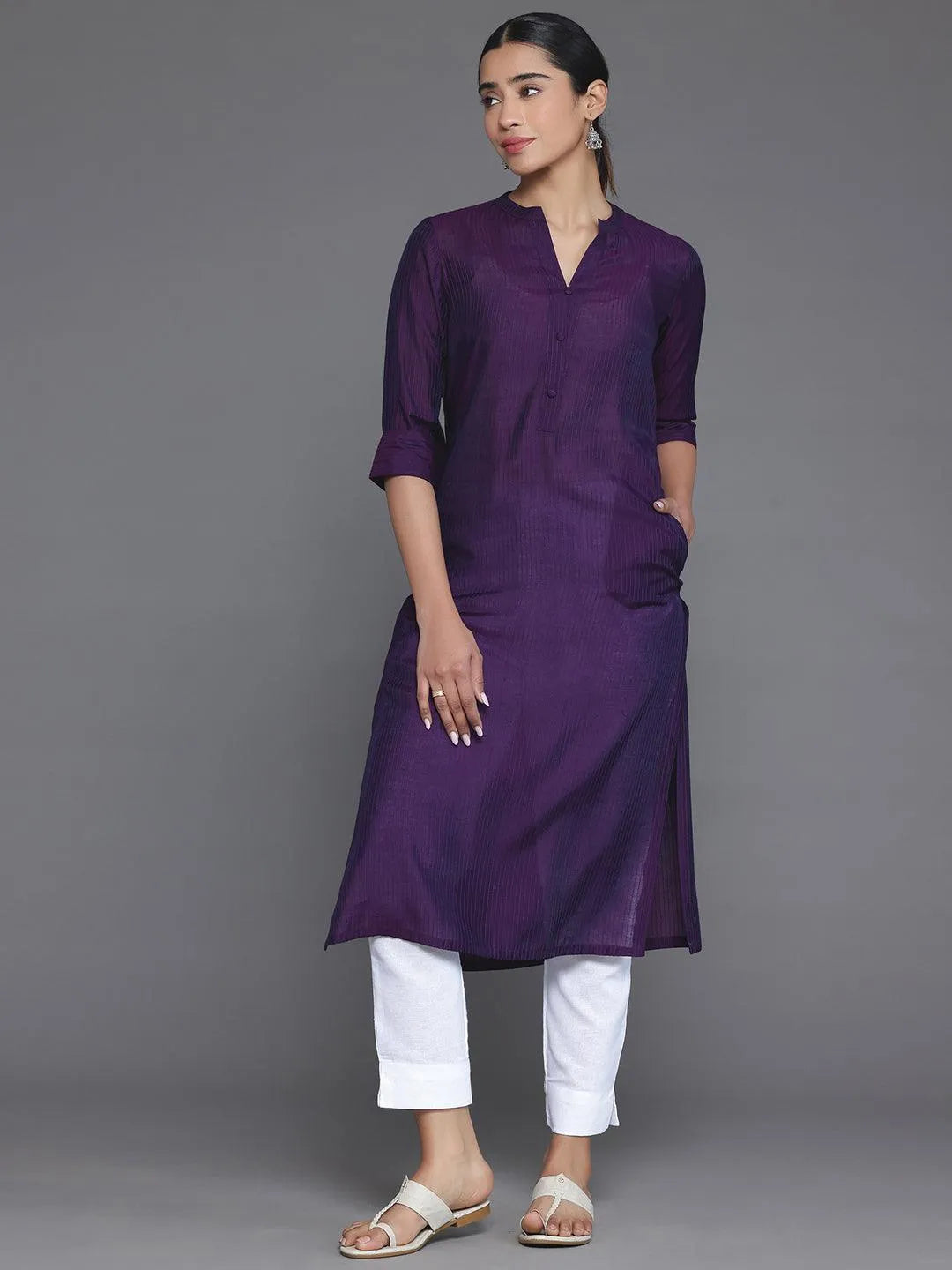 Libas Purple Woven Design Silk Straight Kurta