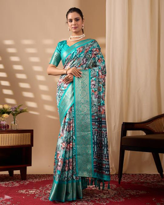 Premium Soft Silk Floral Printed Saree with Rich Teal Zari Woven Border