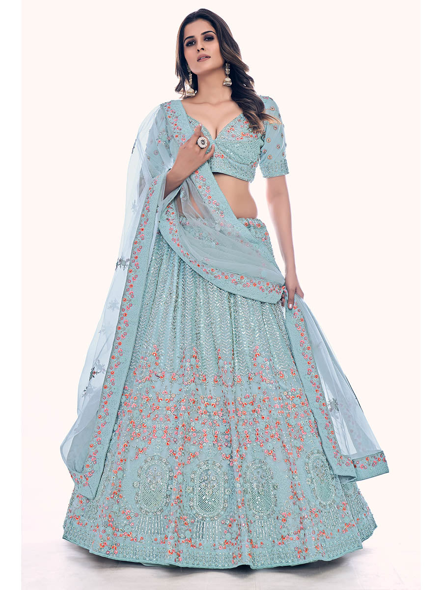 Firozi Soft Net Embroidered Designer Lehenga Choli
