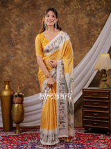Vantara Mustard Yellow Satin Chiffon Printed Saree with Botanical Nature Print, Designer Tassel Pallu & Matching Blouse Piece