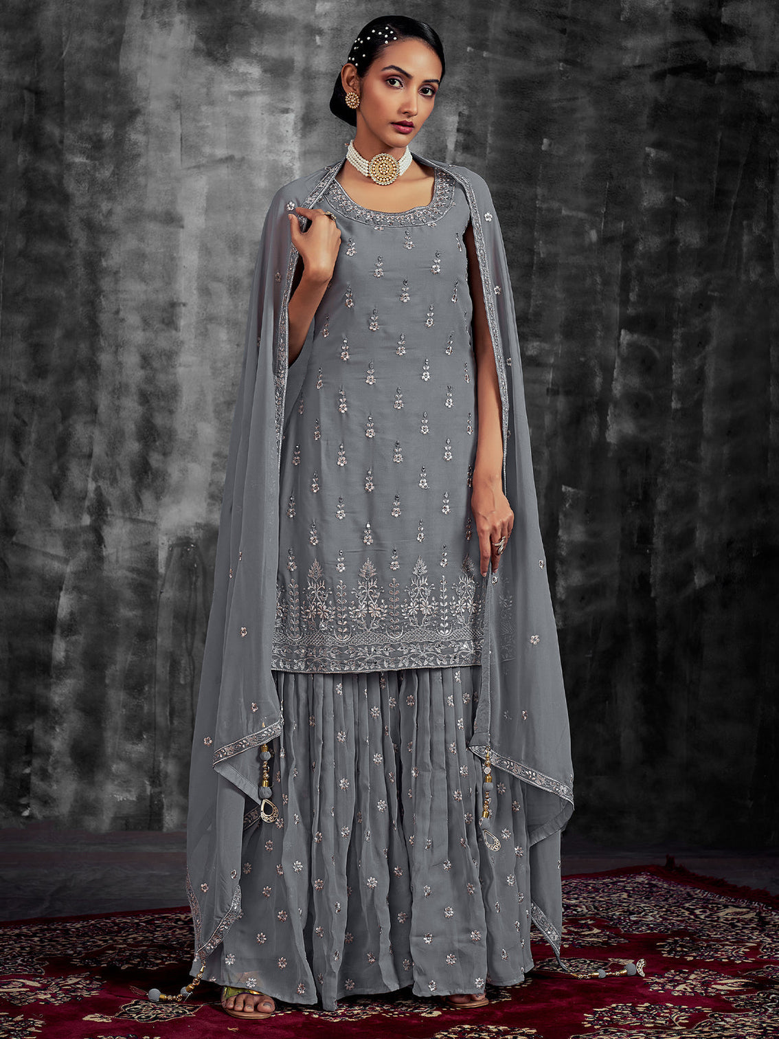 Grey Embroidered Partywear  Stitched Kurtaset