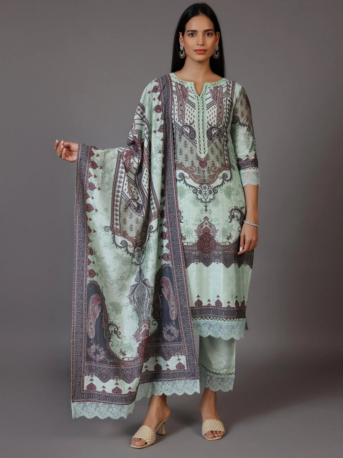 Mameraa Green Printed Silk Blend Pakistani Suit