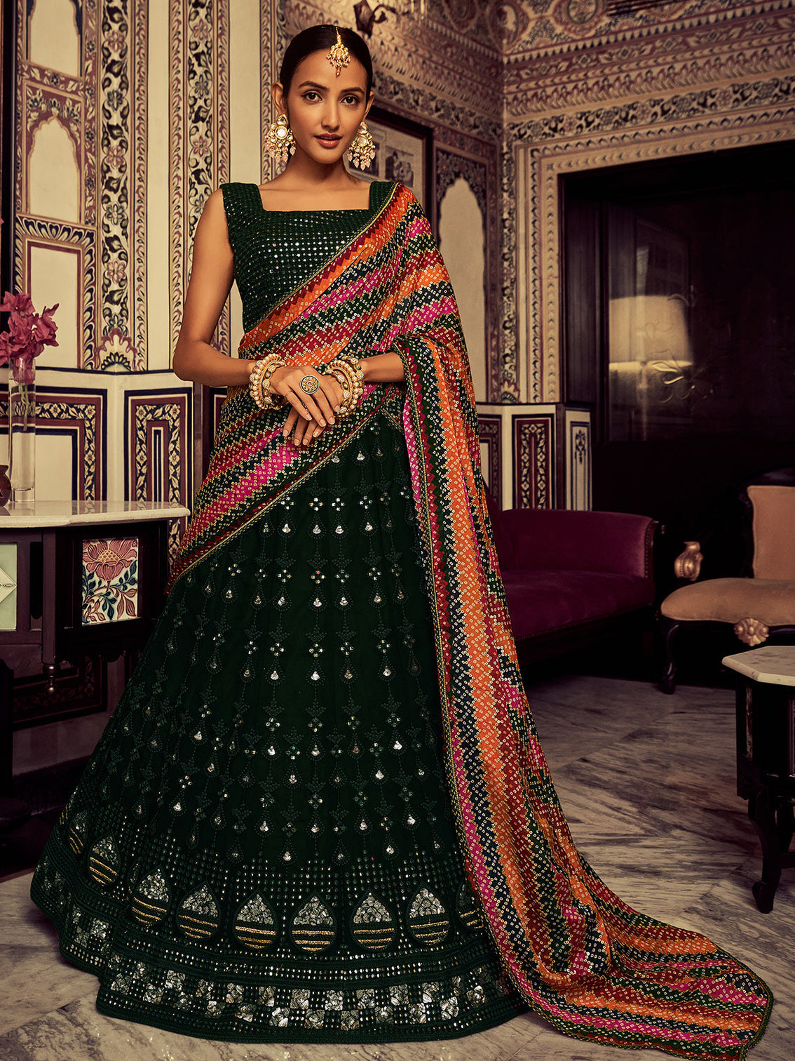 Green Embroidered Georgette Semi Stitched Lehenga With Blouse Piece