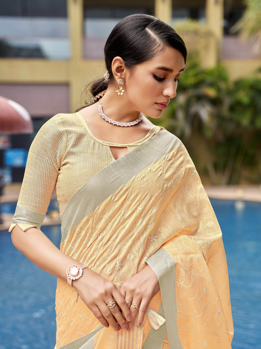 Orange Pure Linen Saree With Blouse Piece