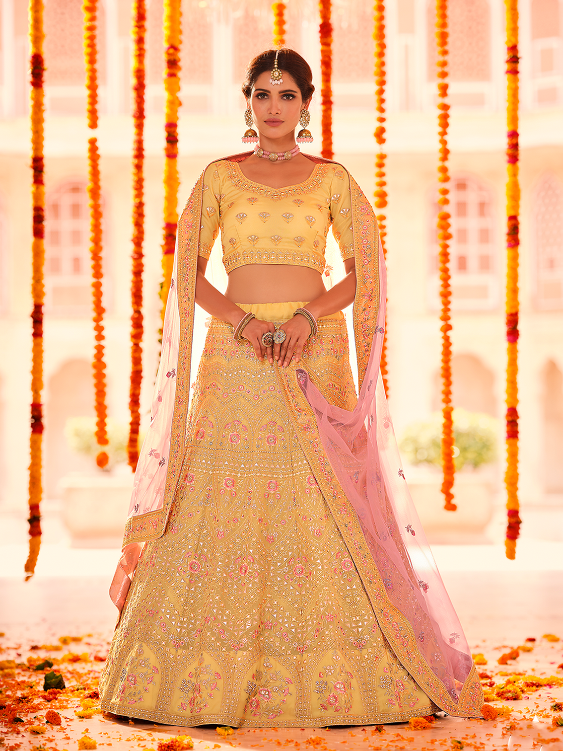 Yellow Embroidered Organza Semi Stitched Lehenga With Unstitched Blouse