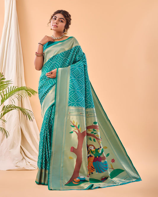 Women's Turquoise Bandhani Silk Saree with Printed Designer Pallu & Zari Border