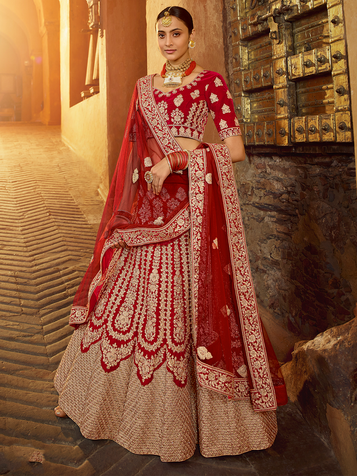 Red Embroidered Velvet Semi Stitched Lehenga With Unstitched Blouse