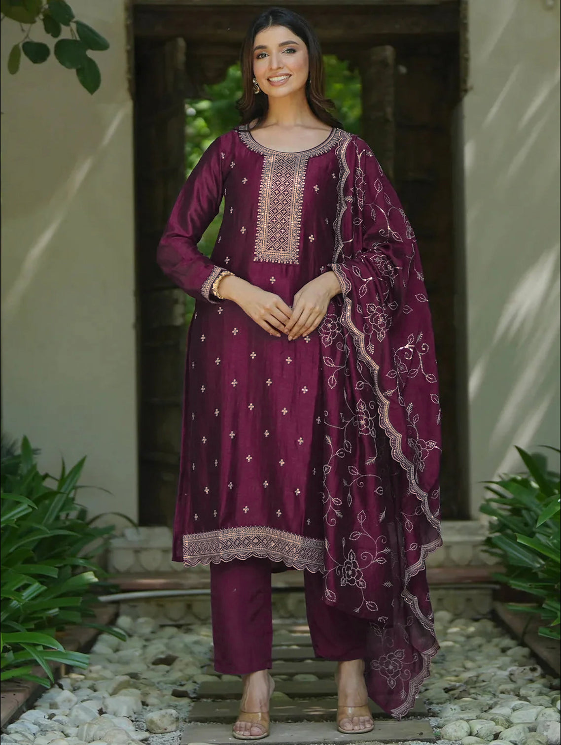 Mameraa Wine Embroidered Silk Blend Straight Suit With Dupatta
