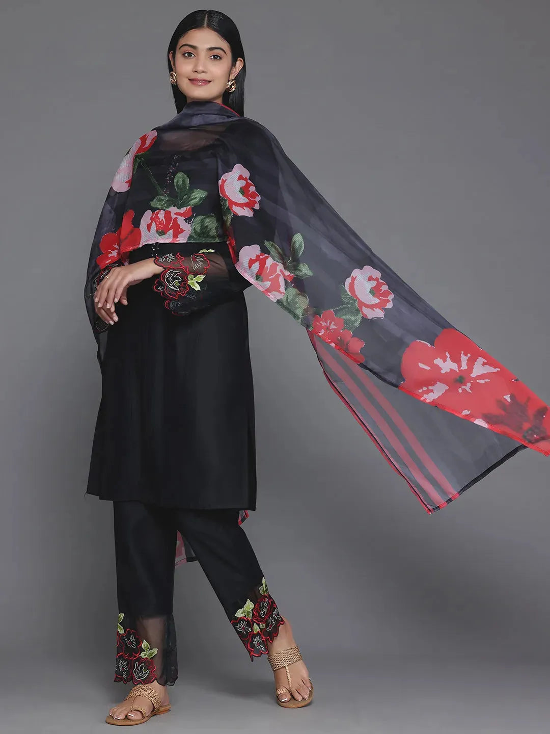Mameraa Black Solid Silk Blend Straight Suit With Dupatta