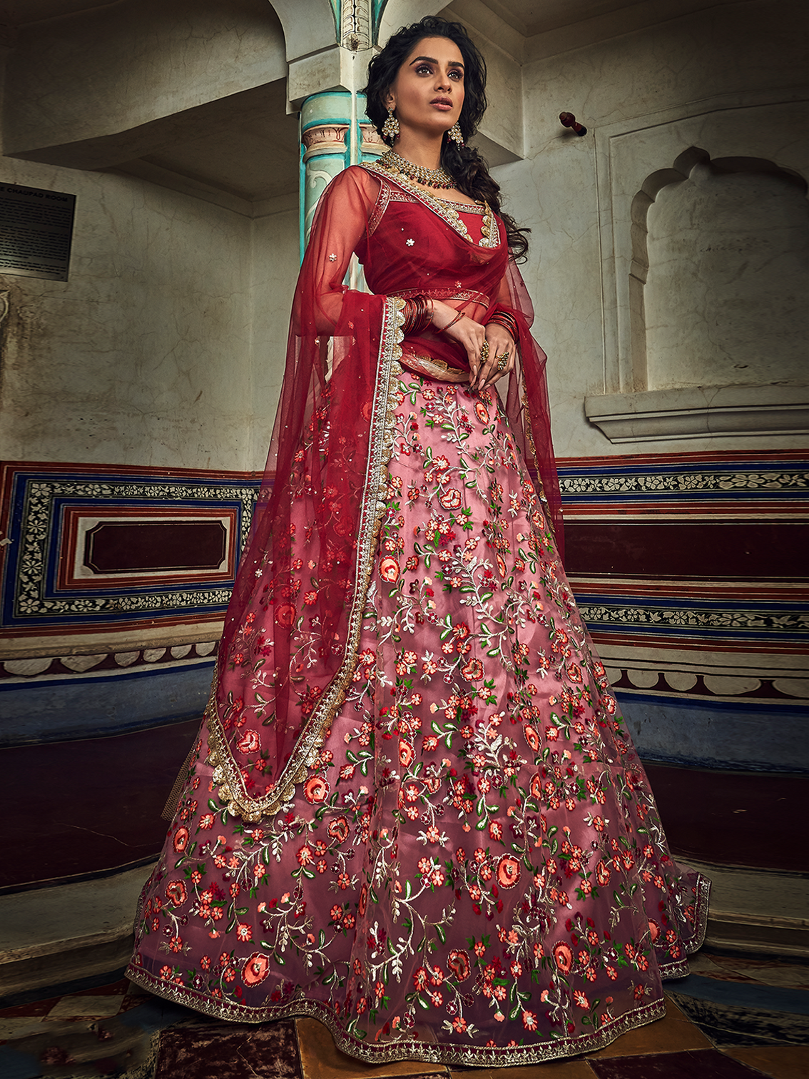 Peach Embroidered Art Silk Semi Stitched Lehenga With Unstitched Blouse