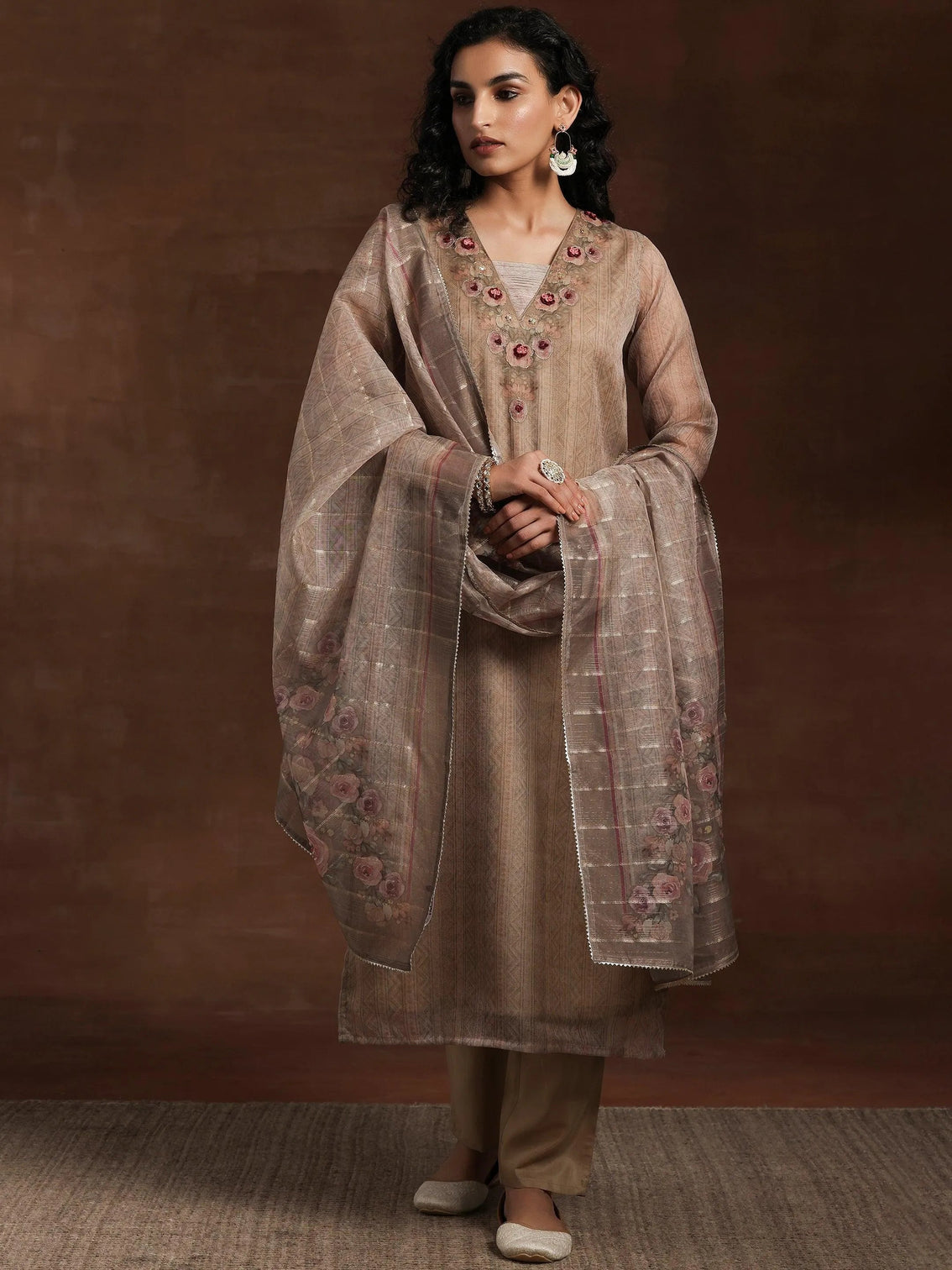 Mameraa Tan Printed Organza Straight Suit With Dupatta