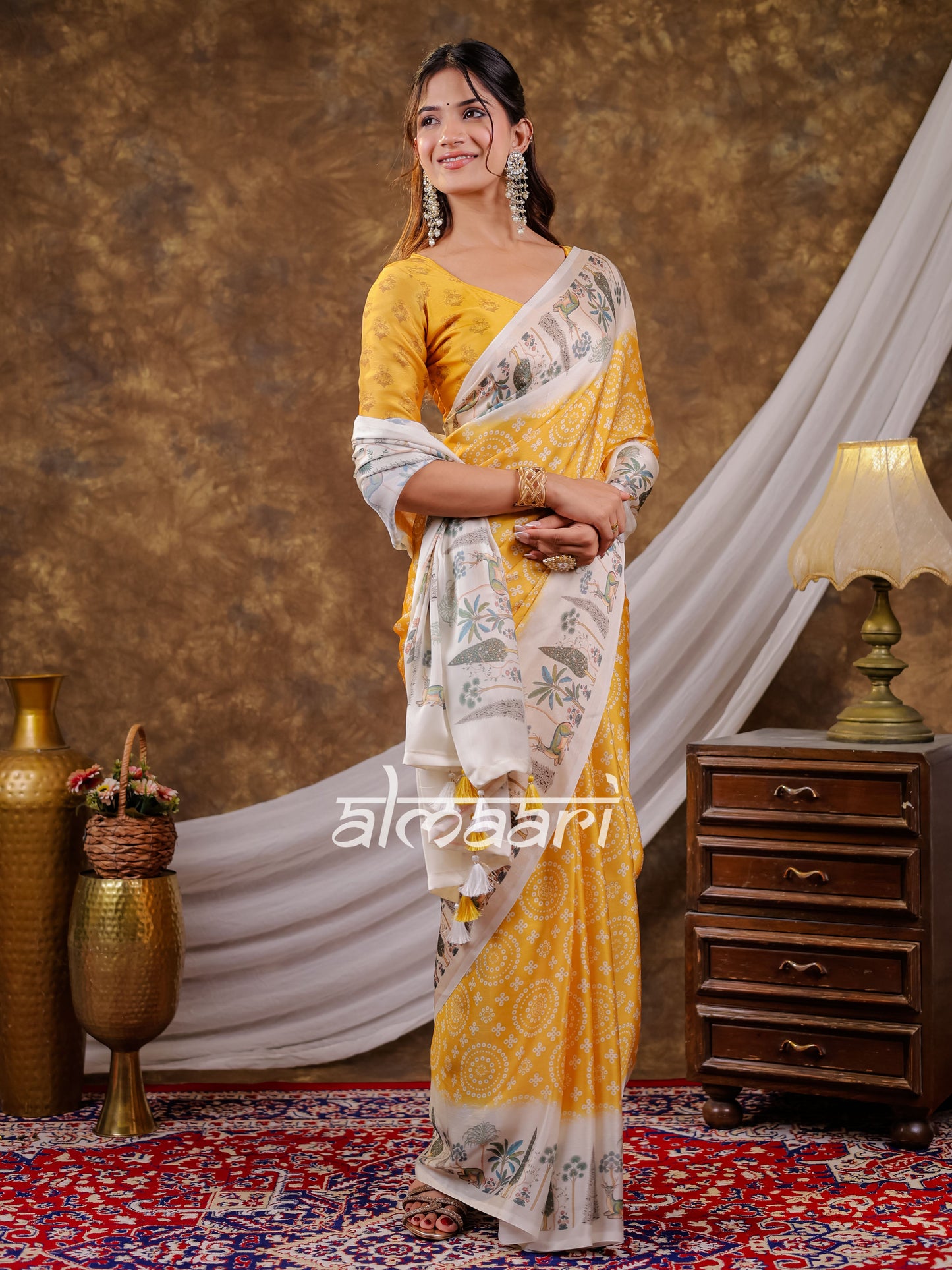 Vantara Mustard Yellow Satin Chiffon Printed Saree with Botanical Nature Print, Designer Tassel Pallu & Matching Blouse Piece