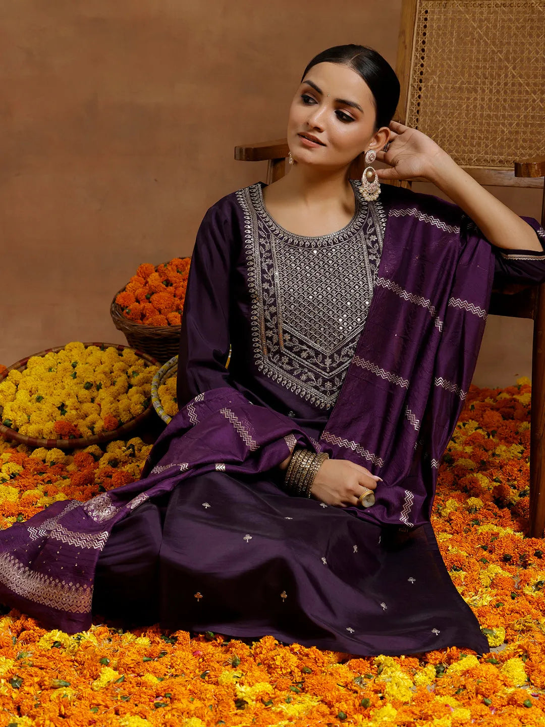 Gerua Purple Yoke Design Silk Blend Straight Suit With Dupatta