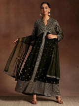 Libas Chandni Olive Embroidered Georgette A-Line Kurta With Trousers & Dupatta
