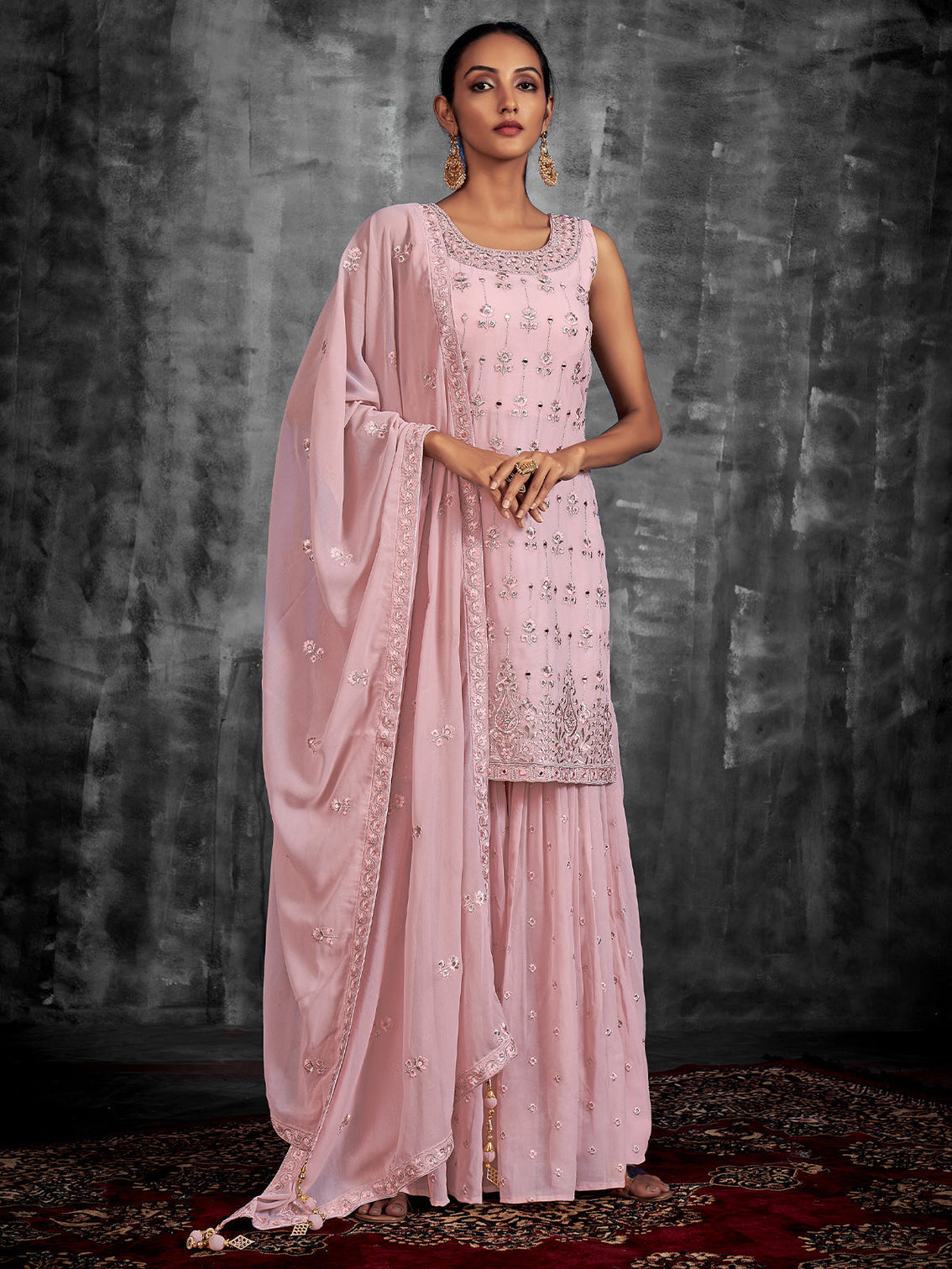 Pink Embroidered Georgette Partywear Stitched Kurta Set