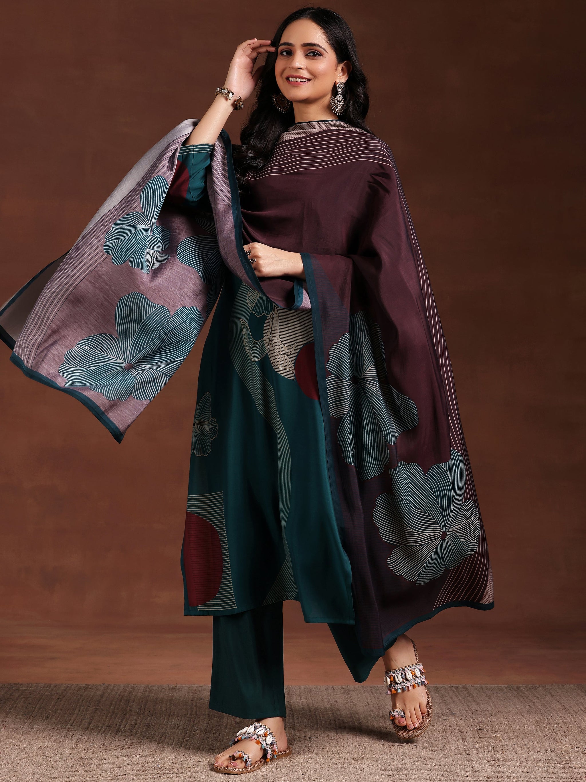 Libas Teal Printed Cotton Blend Straight Suit With Dupatta