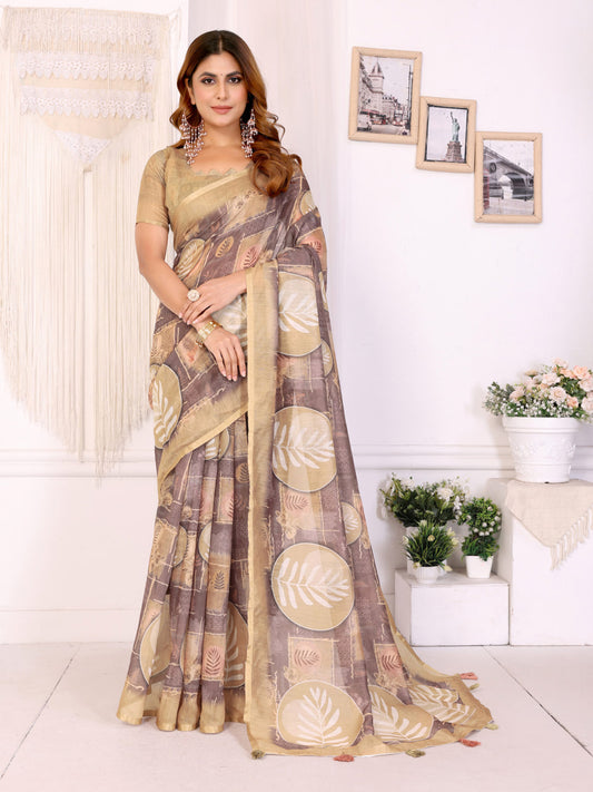 Premium Linen Cotton Leaf Printed Saree with Elegant Beige Border
