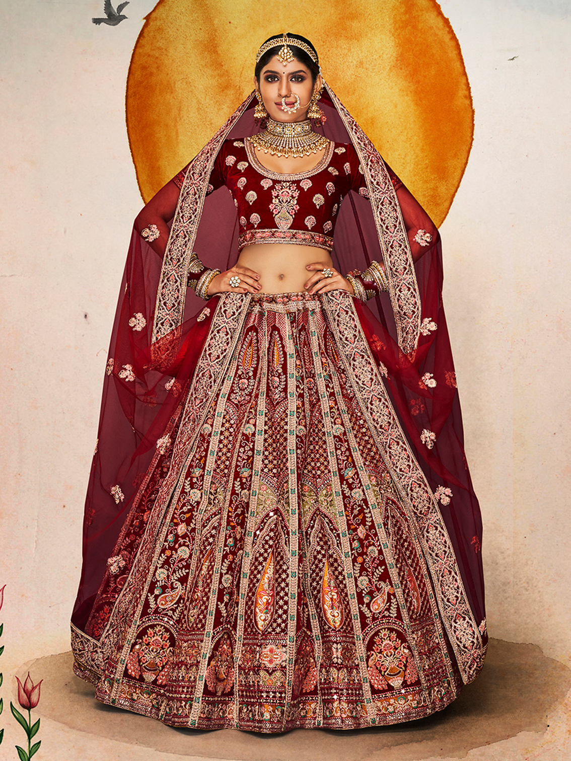Maroon Velvet Semi Stitched Lehenga With Unstitched Blouse