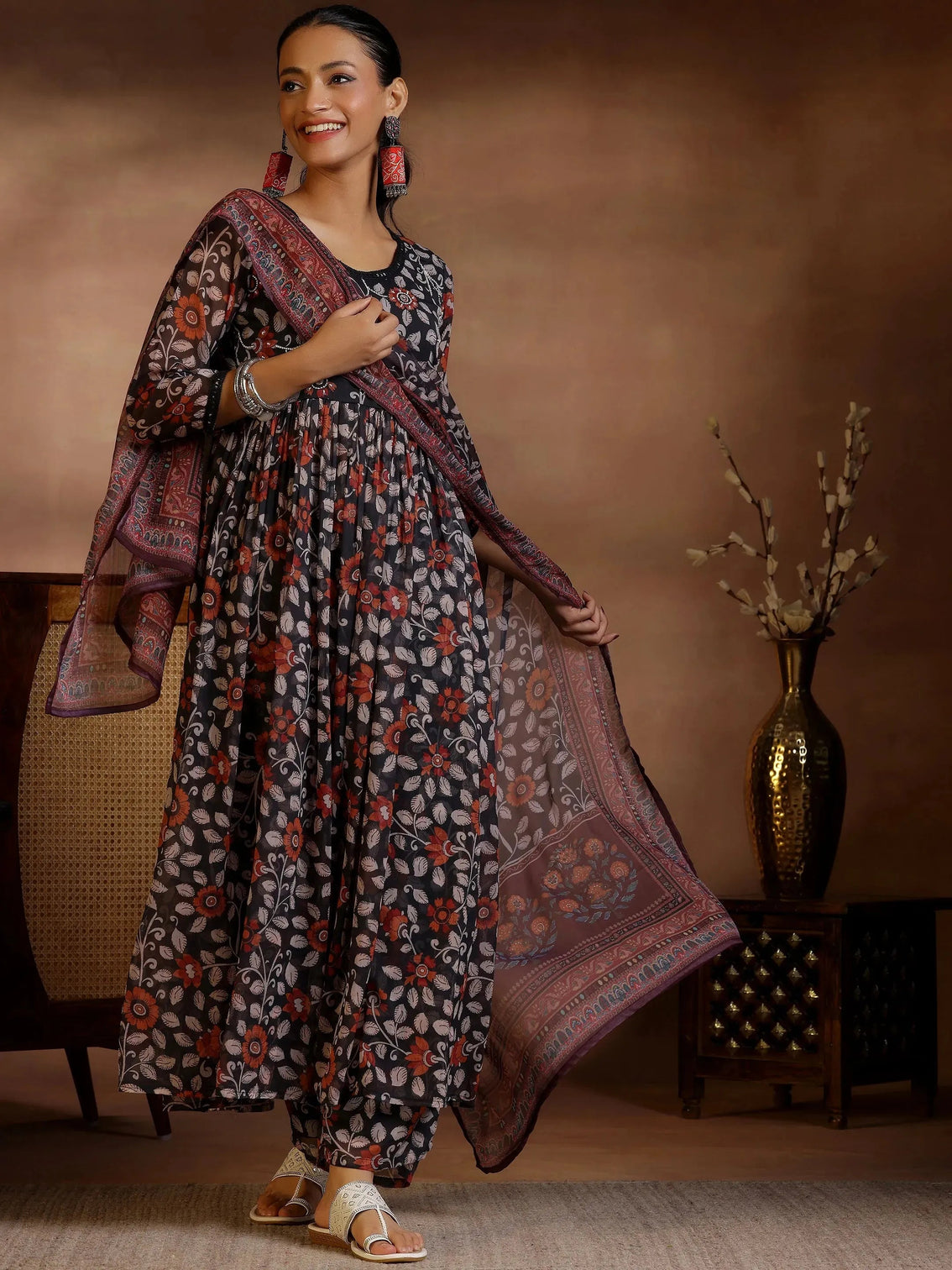 Mameraa Black Printed A-Line Kurta With Palazzos & Dupatta