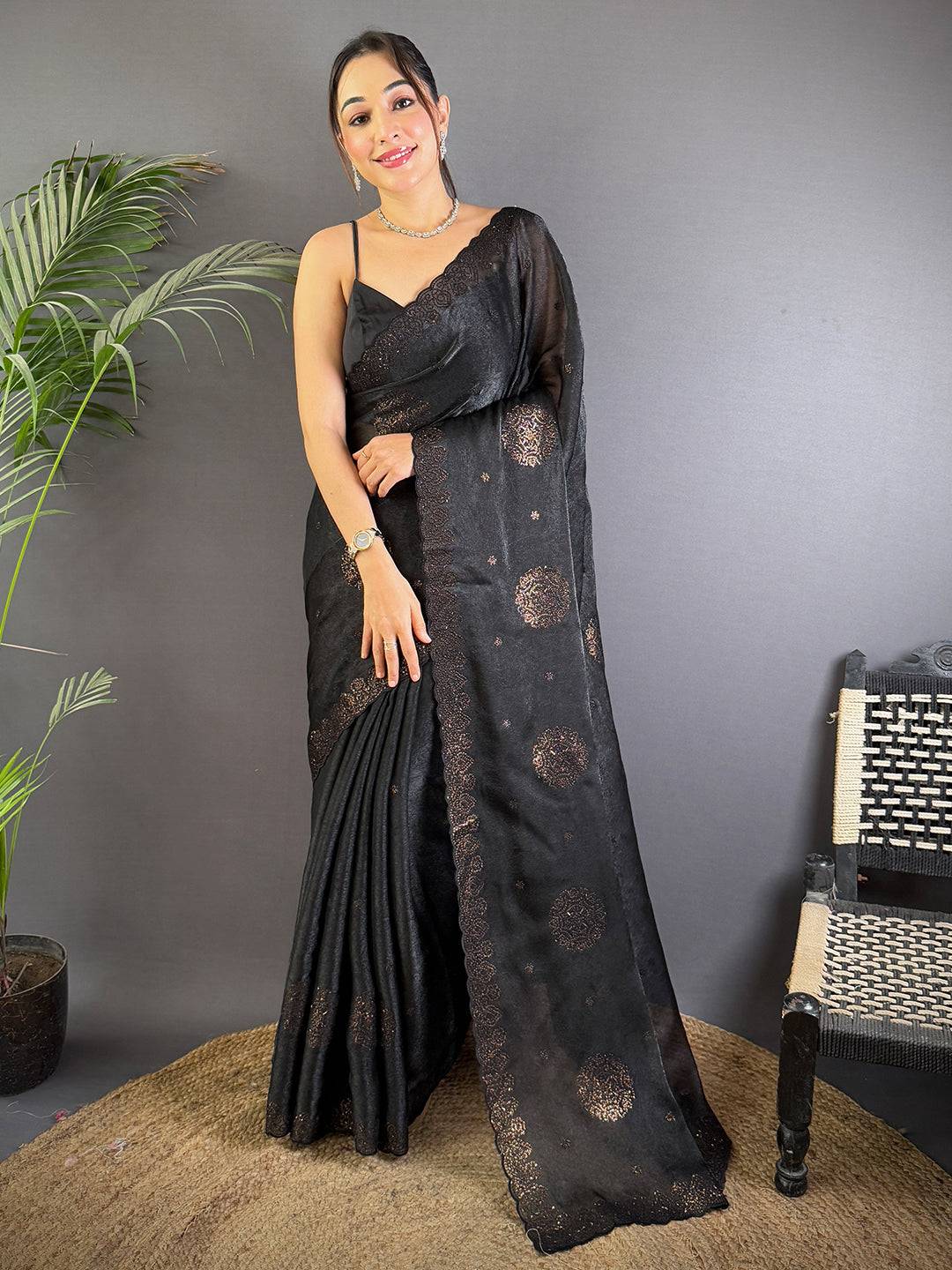 Black Art Silk Sequence Work Saree
