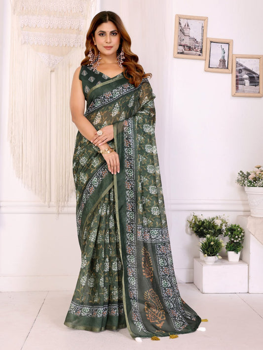 Premium Linen Cotton Botanical Printed Saree with Elegant Olive Green Border