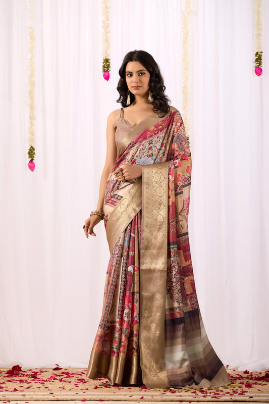 Women's Beige Multicolor Linen Silk Printed Saree with Golden Zari Border & Designer Floral Pallu | Premium Festive Party Wear Saree
